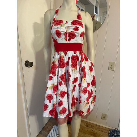 Hearts & Roses London Bianca Halter Dress red rose print rockabilly 6 - Picture 4 of 11